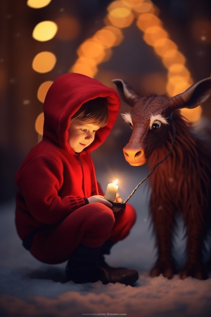 Young cute boy in red winter jacket posing with small bull on Christmas ranch Generative AI