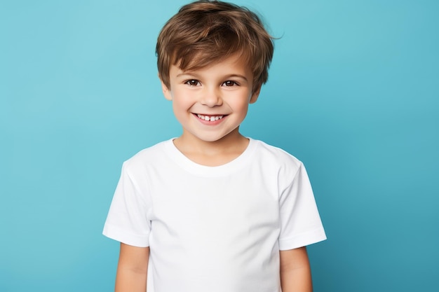 Young cute boy in a white Tshirt mockup Empty white Tshirt for advertising in a studio