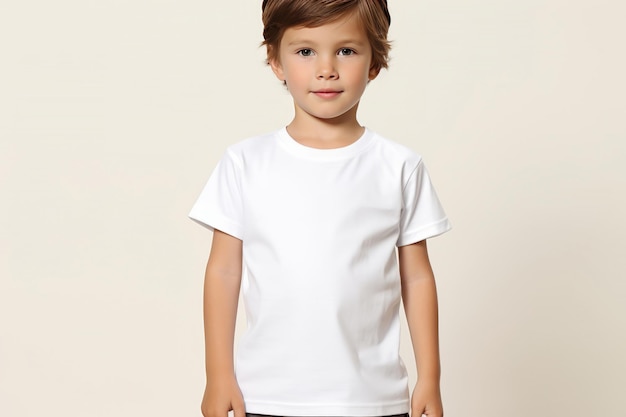 Young cute boy in a white tshirt mockup empty white tshirt for advertising in a studio