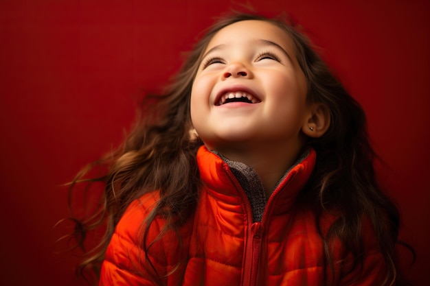 Photo young cute girl pray on a red background