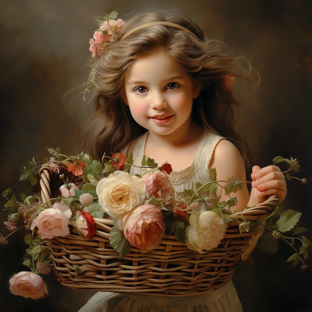 Young Cute Girl Smiling Holding a Flower Basket