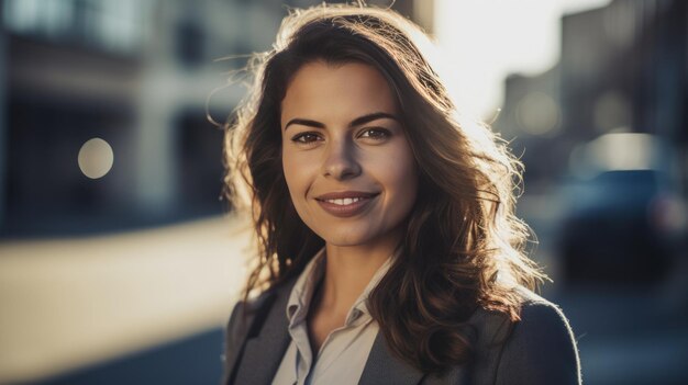 Young cute happy smiling confident positive businesswoman standing outdoors