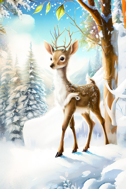 Young cute reindeer in the winter forest