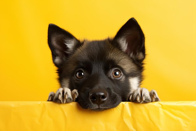 Photo young cute short haired black beige dog peeks out from under the surface on a yellow background