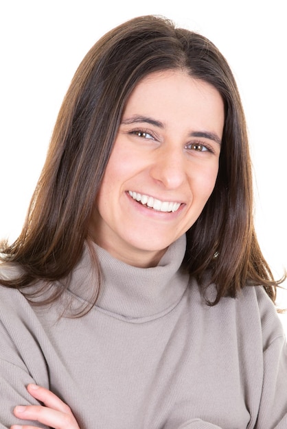 Young cute woman casual portrait in big smile posing in studio in white background