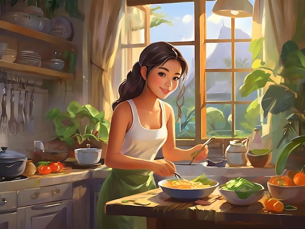 Young cute woman cooking in the kitchen illustration painting