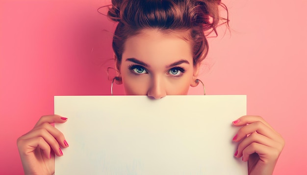 Photo young cute woman holding empty blank white paper on pink background