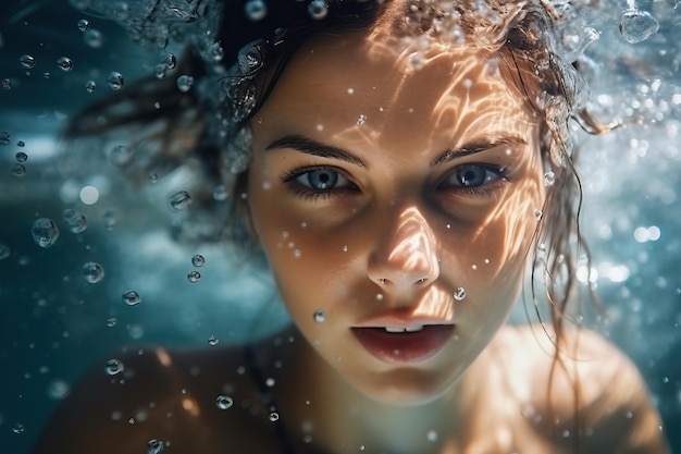 Foto modello di giovane donna carina nuotare sott'acqua