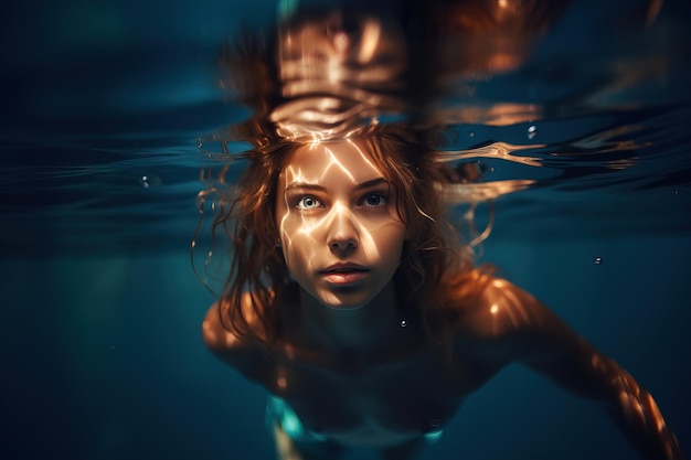 水中を泳ぐ若いかわいい女性モデル