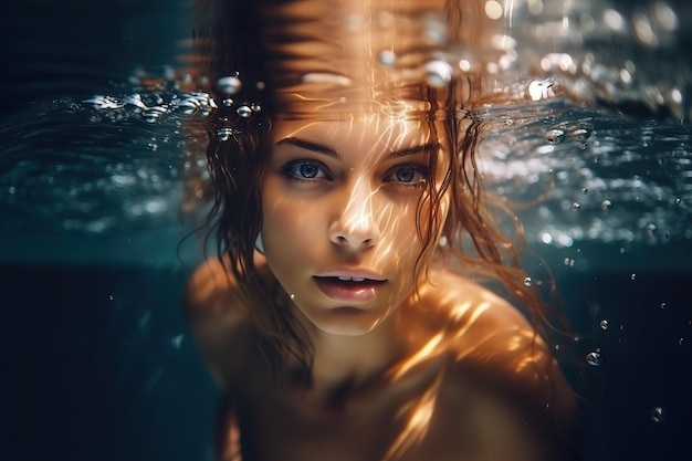 young cute woman model swimming underwater