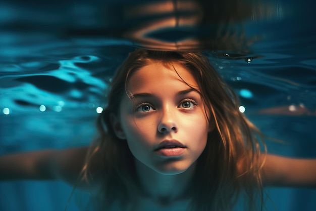 young cute woman model swimming underwater