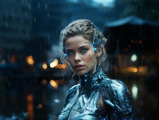 Photo a young cyborg woman with blue eyes against the backdrop of a night city. the future. ai generated