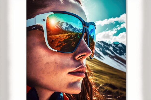 Photo young cyclist portrait wearing sunglasses with wondrous reflection of mountain