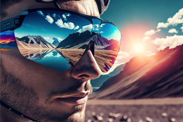 Young cyclist portrait wearing sunglasses with wondrous reflection of mountain