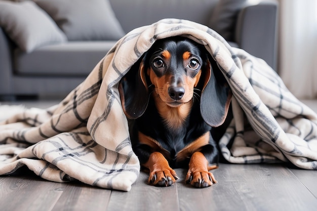 A young Dachshund dog under a blanket The pet is basking under the plaid Generative AI