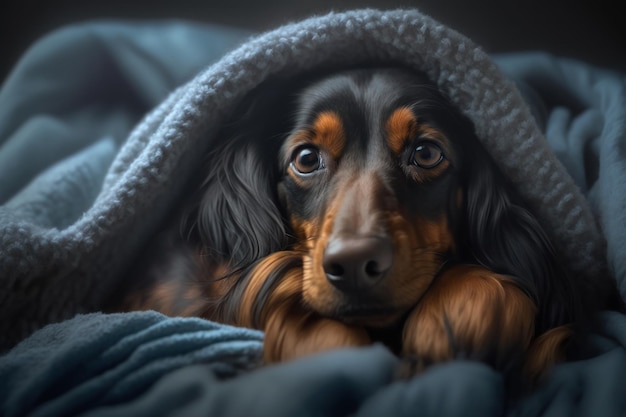 A young Dachshund dog under a blanket The pet is basking under the plaid Generative AI