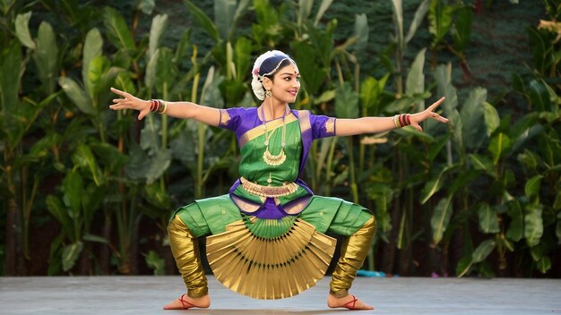 Young dancer of classical indian dance dressed in traditional suit is demonstrating one of the pose