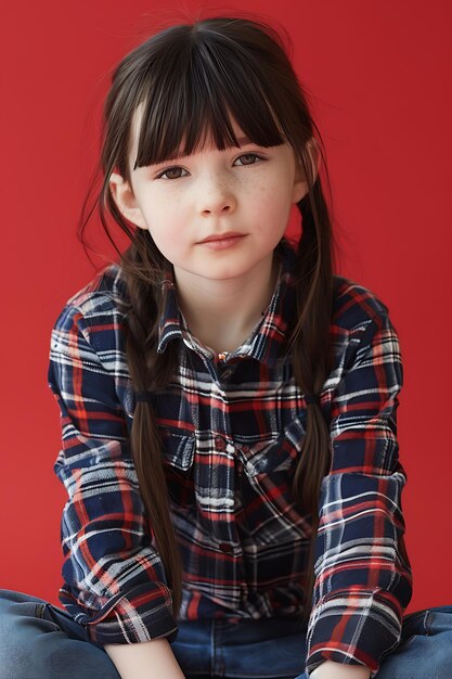 Young dark haired girl sitting on the floor before camera on red background