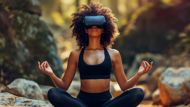 Young darkskinned woman with dark curly hair doing yoga in nature wearing virtual reality glasses