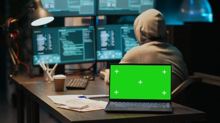 Photo young data thief using greenscreen to break into it server, coding and programming on multiple monitors. causing pc malware with virus, having isolated chroma key display and blank copyspace.