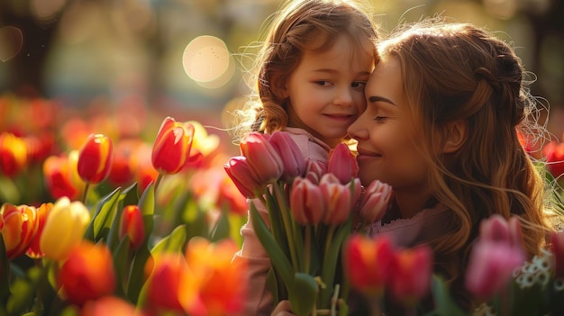 Young Daughter Celebrating Mothers Day with Flowers