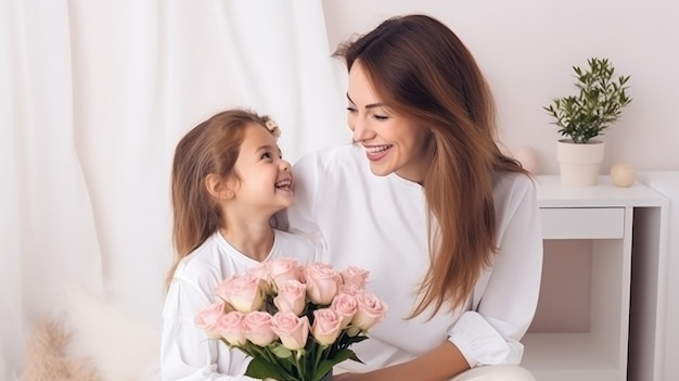 Young Daughter Celebrating Mothers Day with Flowers