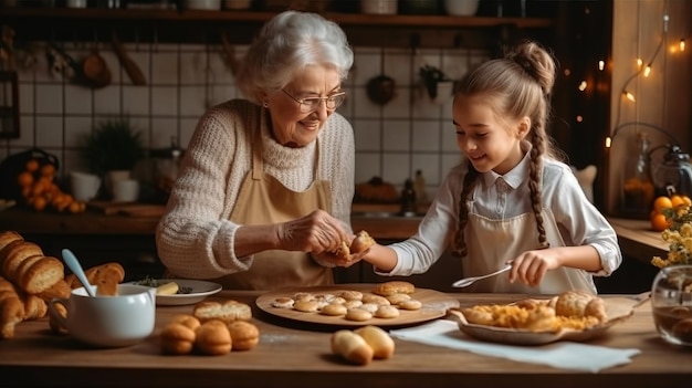 young daughter look to old mother cook in kitchen