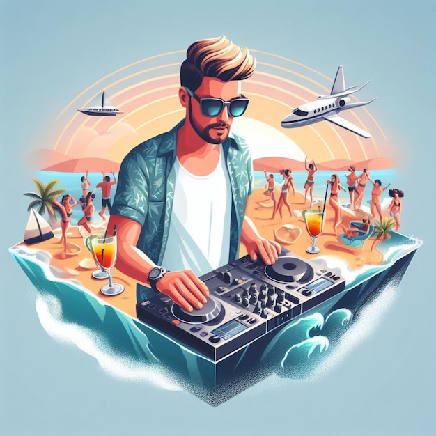 young deejay wear glasses earphone hosting dj set at crowded beach party tropical island isometric