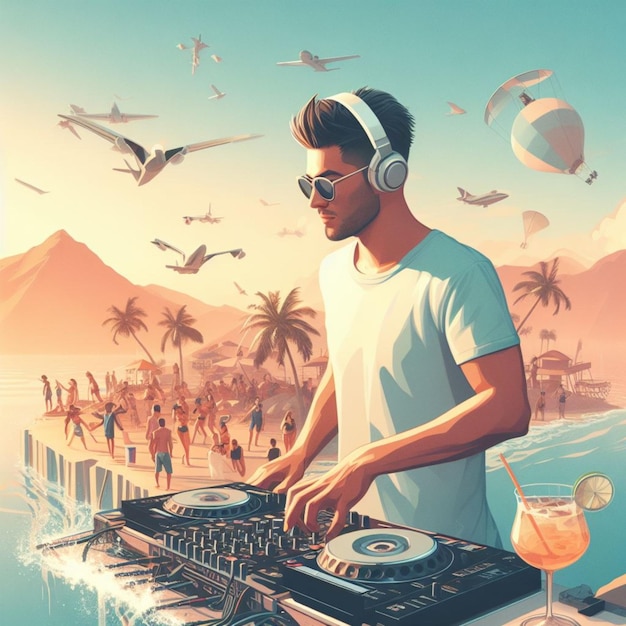 젊은 디제이는 붐비는 해변 파티 열대 섬 아이소메트릭에서 DJ 세트를 주최하는 안경 이어폰을 착용합니다.