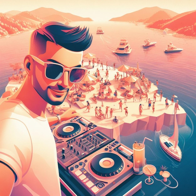 young deejay wear glasses earphone hosting dj set at crowded beach party tropical island isometric