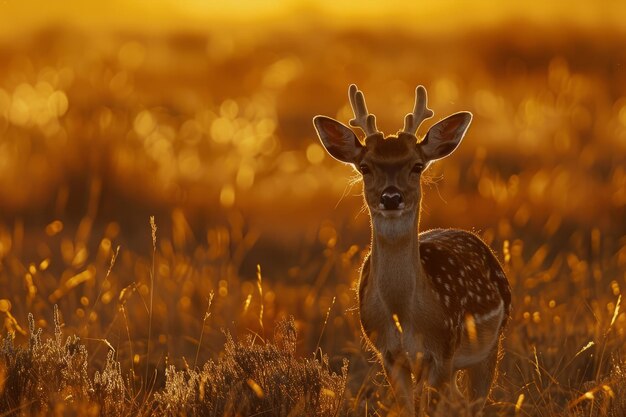 Photo a young deer stands in a field of tall grass at sunset