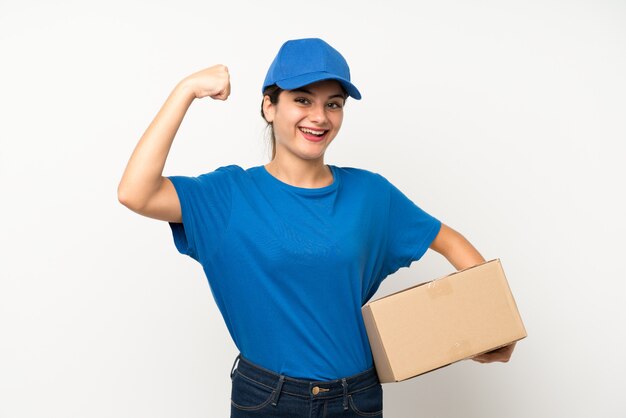 Young delivery girl celebrating a victory