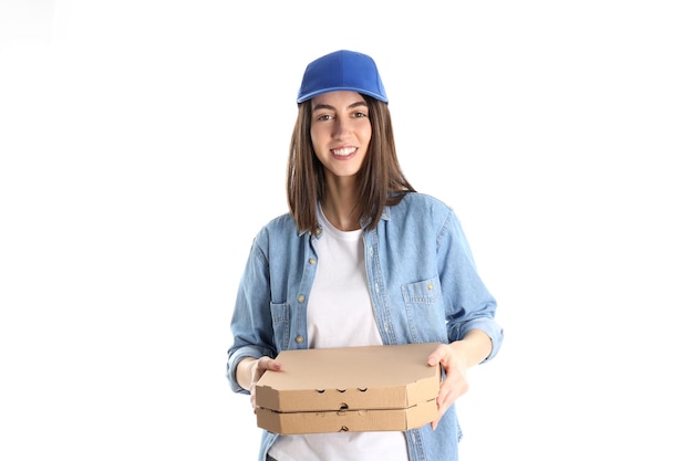 Young delivery girl isolated on white background