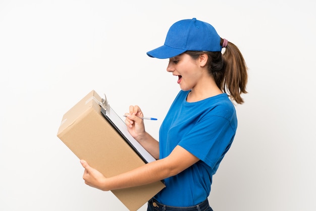 Young delivery girl over isolated white