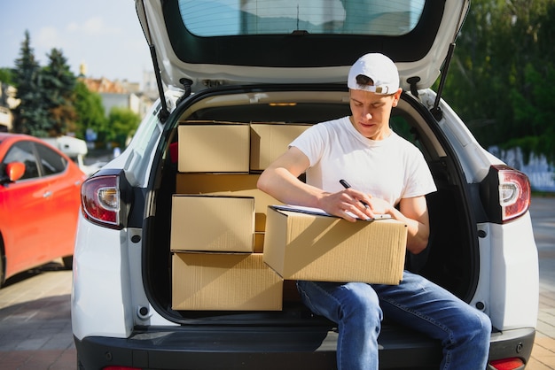 車のクリップボードの若い配達人チェックリスト