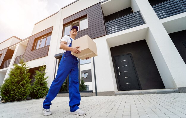 Young delivery man hold a cardboard box in his hands