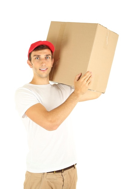 Young delivery man holding parcel isolated on white