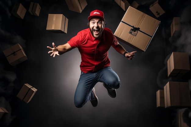 Young delivery man jumping and holding box