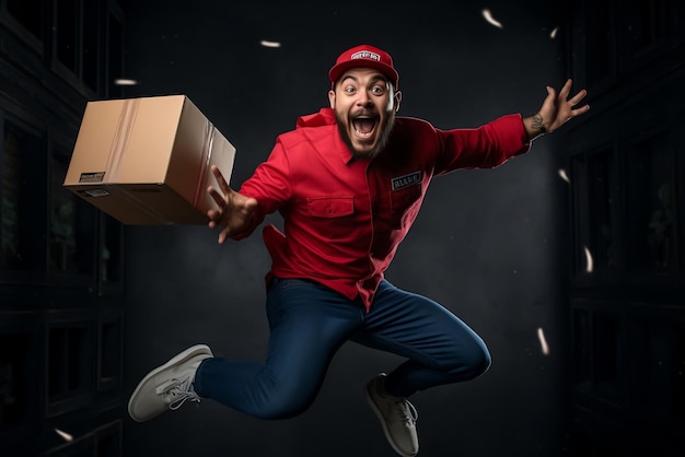 Young delivery man jumping and holding box