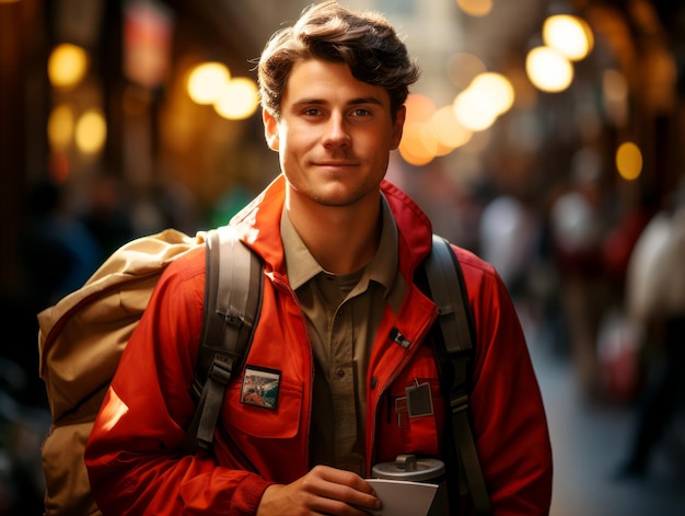 A young delivery man with a backpack and coffee cup smiling in a bustling city alleyway Generative AI