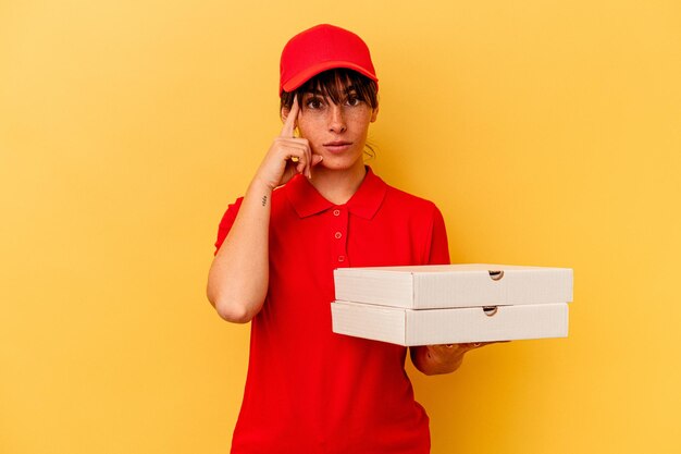 Young delivery woman holding pizzas isolated on yellow background pointing temple with finger, thinking, focused on a task.