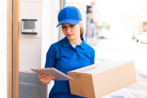 Young delivery woman at outdoors holding boxes and a tablet