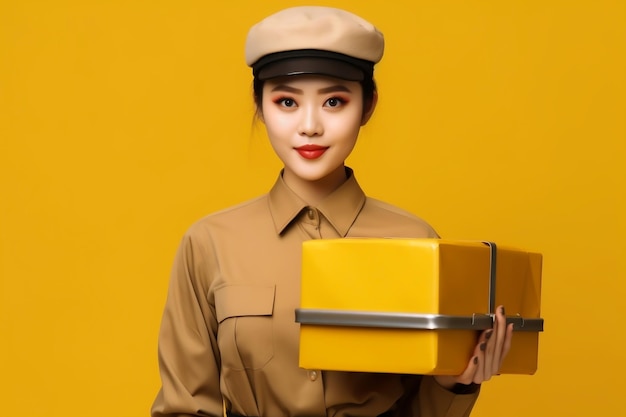 Young delivery woman with parcel post box