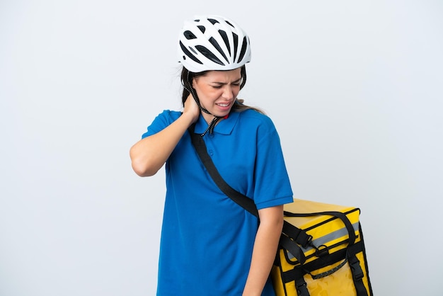 Young delivery woman with thermal backpack isolated on white background with neckache