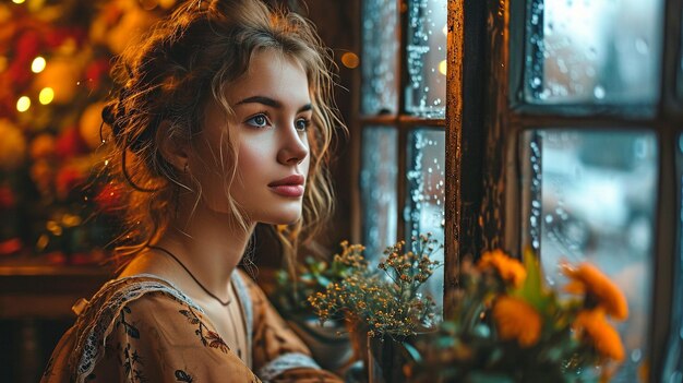 Photo a young depressed woman sitting by the window at homexa