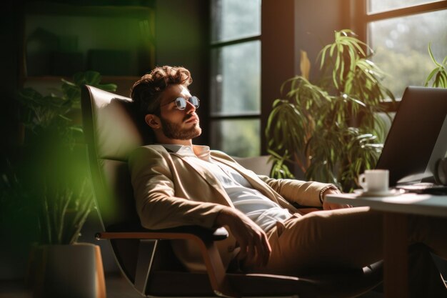 Young designer drinking coffee in office having rest