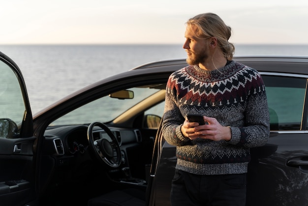 young digital nomad traveling in  winter time