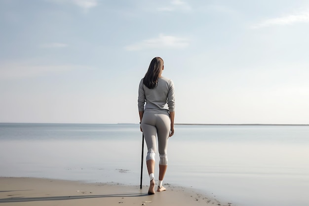 A young disabled woman with a cane with prosthetic legs in a gray tracksuit