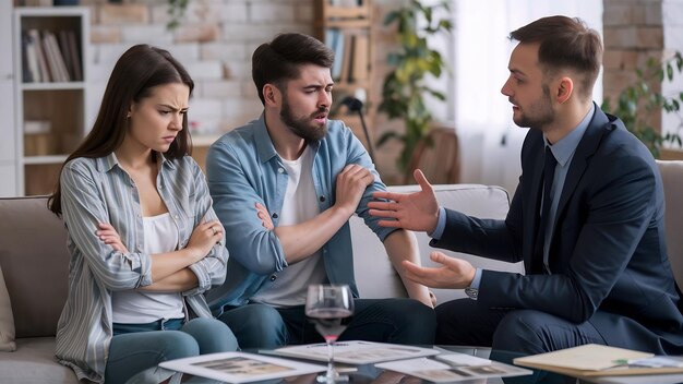 Young displeased couple arguing while having a meeting with real estate agent