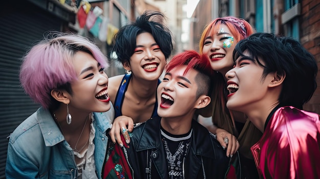 Young diverse friends having fun outdoor Focus on gay Asian guy wearing makeup